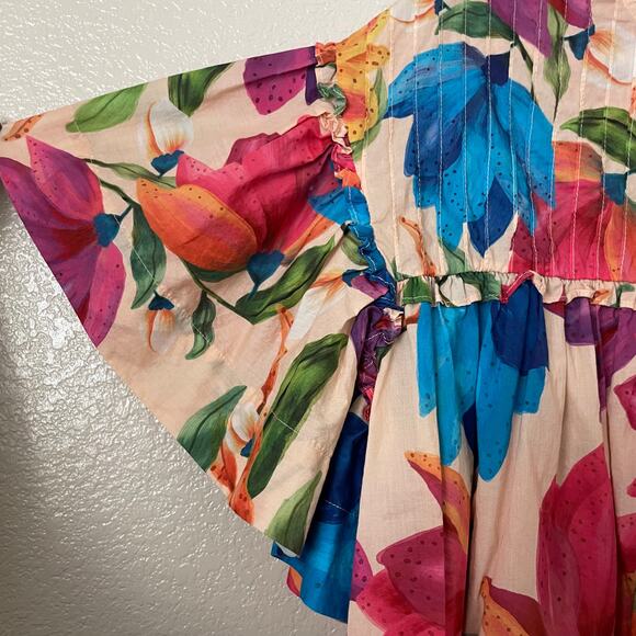 Farm Rio Top Womens Large Pink Orange Marys Garden Floral Tropical Boho Flutter - Picture 6 of 11